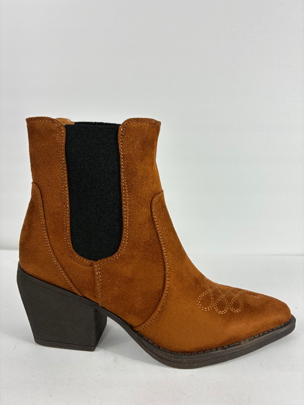 Western Embroidered Suede Boots NEW 5.5 Chelsea Ankle Block heel Chestnut Brown